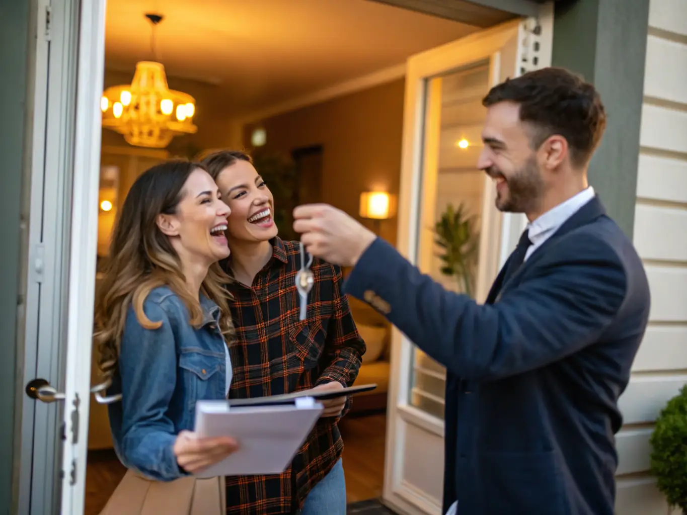 A happy couple is handed the keys to their new home by their real estate agent, symbolizing the successful completion of a refinance transaction.