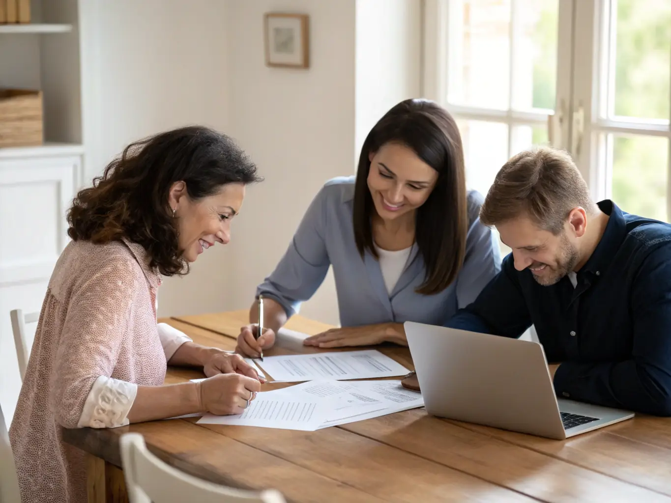 A friendly notary agent meeting with a client in their home during the evening, signing loan documents at a kitchen table with soft lighting.