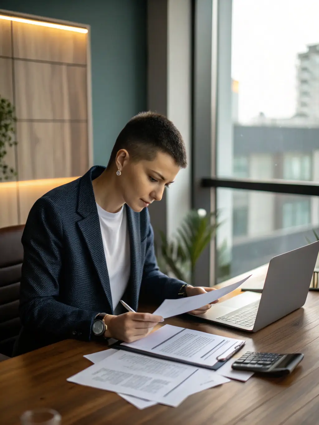 A professional notary agent carefully reviewing a stack of loan documents with a client in a modern office setting.