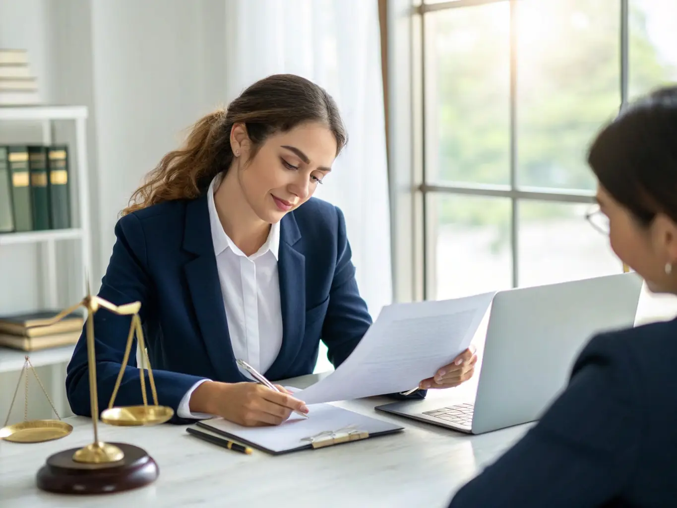 A professional loan signing agent meticulously reviews documents with a client, ensuring accuracy and clarity in a well-lit office setting.