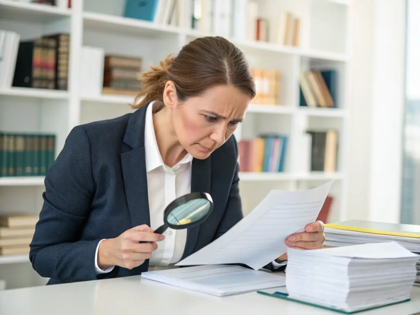 A professional notary agent meticulously reviewing loan documents in a well-organized office setting, highlighting key areas with a pen.